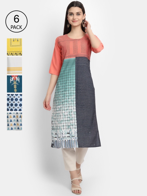 Ethnic basket Women Pack Of 6 Multicoloured Printed Crepe Kurtas, Multi