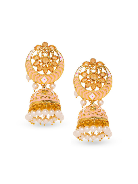 Mahi Peach Coloured Gold-Plated Kundan Studded & Beaded Meenakari Dome Shaped Jhumkas
Mahi Peach Coloured Gold-Plated Kundan Studded & Beaded Meenakari Dome Shaped Jhumkas