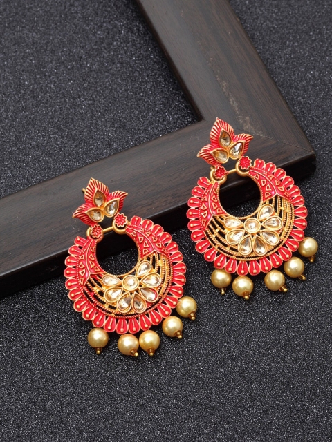 Ibtida Red Gold-Plated Stone Studded & Beaded Enamelled Chandbalis