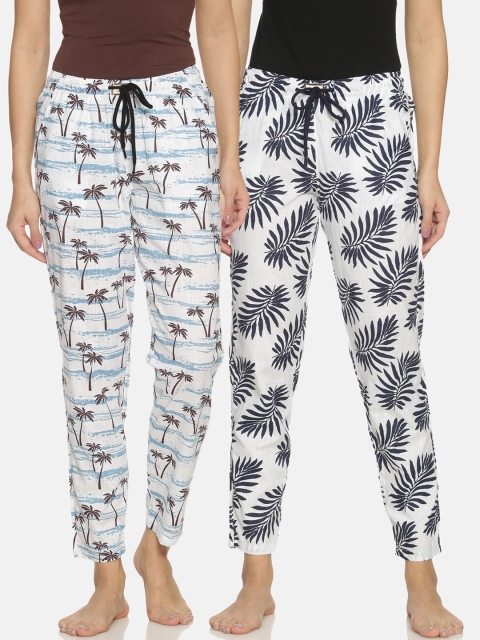 Bene Kleed Women Pack Of 2 Printed Pure Cotton Anti-Bacterial Lounge Pants, White