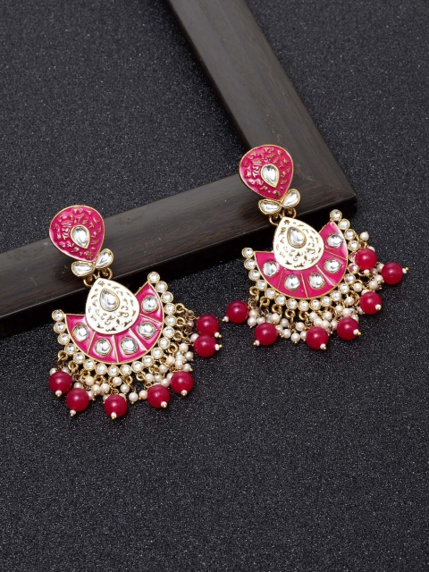 Ibtida Pink & White Gold-Plated Stone Studded & Beaded Enamelled Chandbalis