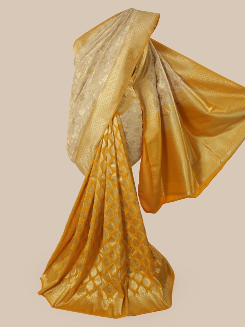 Pothys Cream-Coloured & Mustard Pure Silk Woven Design Banarasi Saree