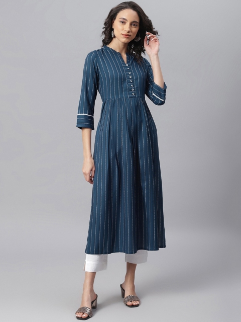Janasya Women Blue Striped Kurta