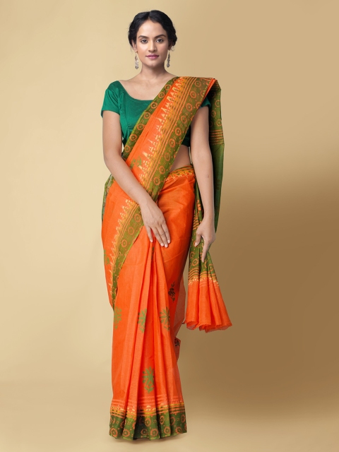 Unnati Silks Orange & Green Pure Cotton Printed Kota Saree