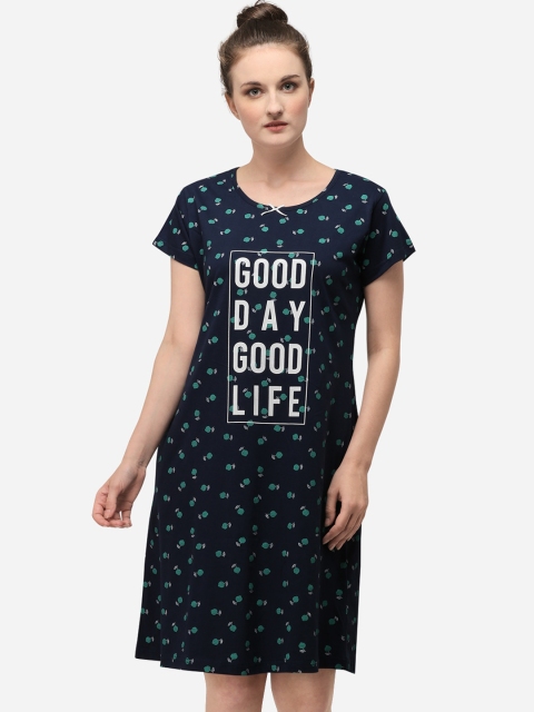 Lenissa Women Blue Printed Cotton Short Sleep Shirts