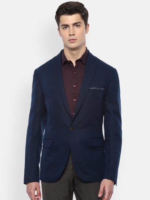 V Dot Men Navy Blue Solid Single-Breasted Formal Blazer