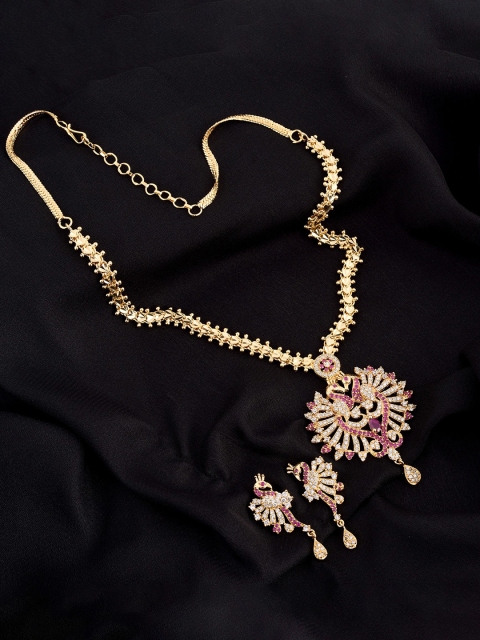 Saraf RS Jewellery Gold-Plated White & Magenta Pink AD-Studded Handcrafted Jewellery Set