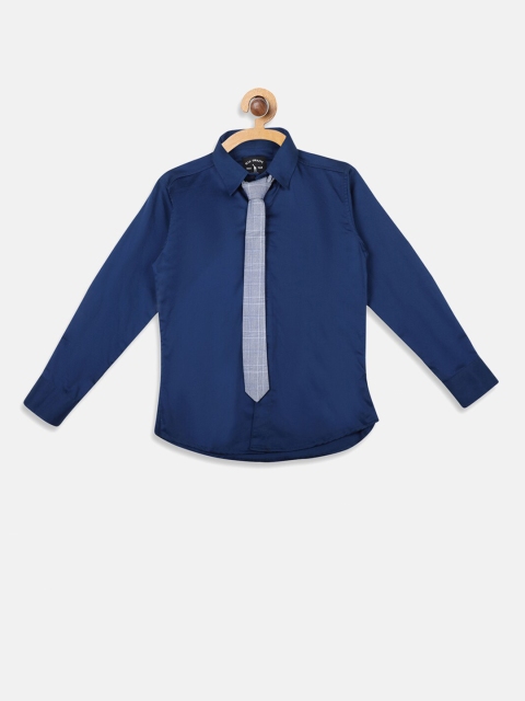 Blue Giraffe Boys Navy Blue & Grey Solid Shirt with Waistcoat & Tie