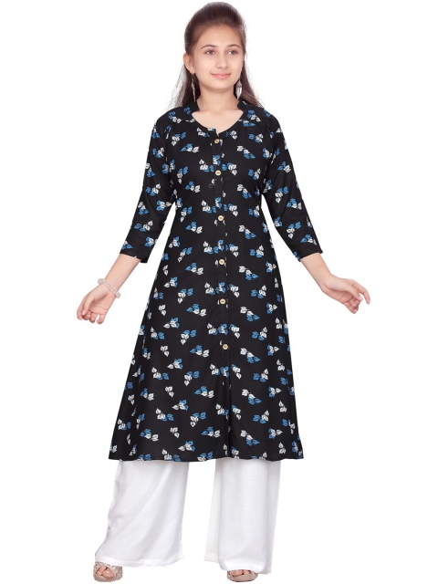 Aarika Girls Navy Blue & White Floral Printed A-Line Pure Cotton Kurta with Palazzos