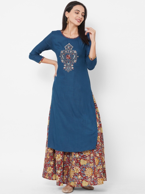 FASHOR Women Blue & Maroon Ethnic Motifs Regular Straight Kurta with Skirt & Matching Mask
FASHOR Women Blue & Maroon Ethnic Motifs Regular Straight Kurta with Skirt & Matching Mask