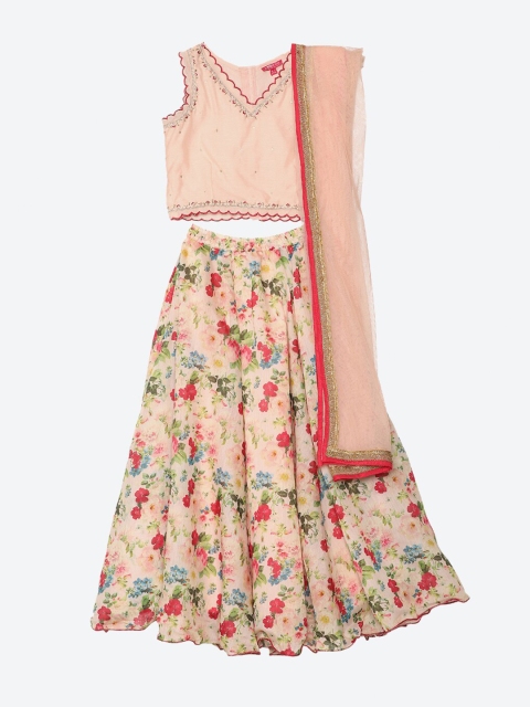 Biba Girls Pink & Green Embroidered Ready to Wear Lehenga & Blouse with Dupatta