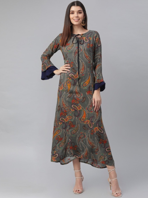 nesara Women Grey& Orange Printed Tie-Up Neck Flared Sleeves Maxi Dress