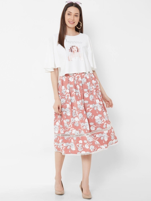 ZOLA Women Peach-Coloured & White Printed Top with Skirt