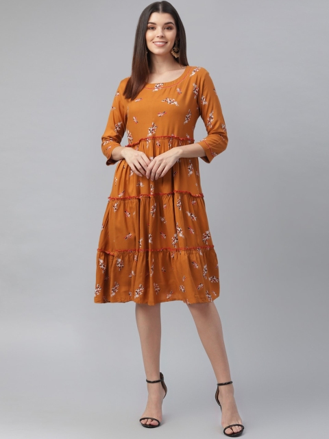 nesara Mustard & White Floral Tiered Dress