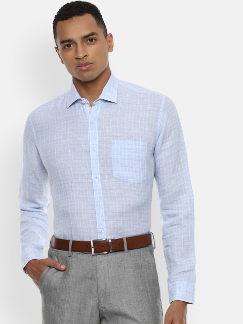 Van Heusen Men Blue & White Regular Fit Checked Linen Formal Shirt