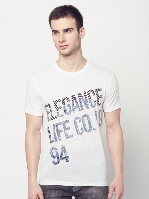 ELEGANCE Men White Typography Printed T-shirt