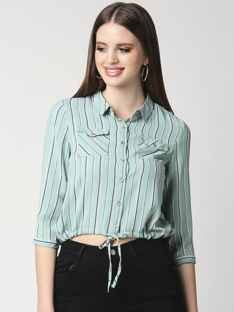 Kraus Jeans Women Green Regular Fit Striped Casual Shirt