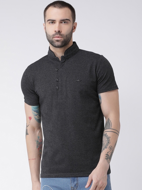 Rex Straut Jeans Men Charcoal Grey Mandarin Collar Slim Fit T-shirt