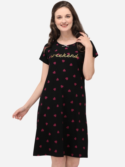 Lenissa Women Black Printed Cotton Short Sleep Shirts