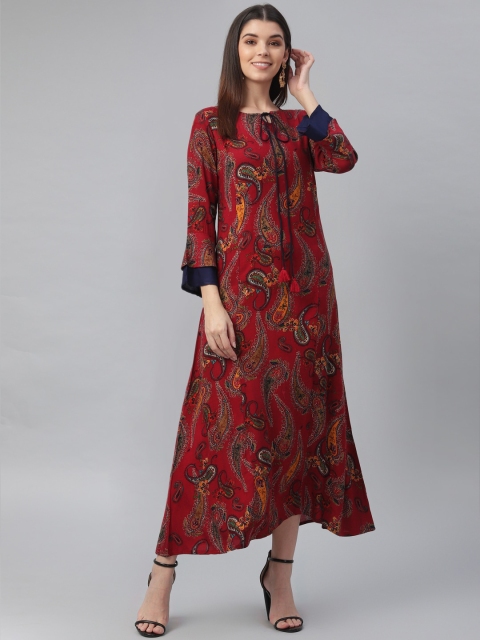 nesara Women Maroon & Black Printed Tie-Up neck Flared Sleeves Maxi Dress