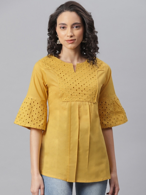 Janasya Mustard Yellow Round Neck Cotton A-Line Top