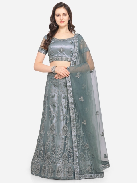 VRSALES Grey & Silver-Toned Embroidered Semi-Stitched Lehenga Choli