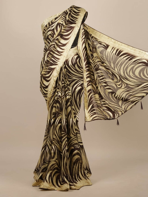 Pothys Cream-Coloured & Coffee Brown Poly Chiffon Printed Saree