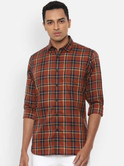 Van Heusen Sport Men Rust Brown & Navy Blue Slim Fit Checked Casual Shirt