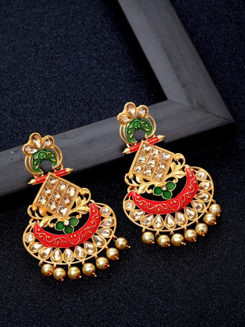 Ibtida Red & Green Gold-Plated Studded & beaded Meenakari Chandbalis
