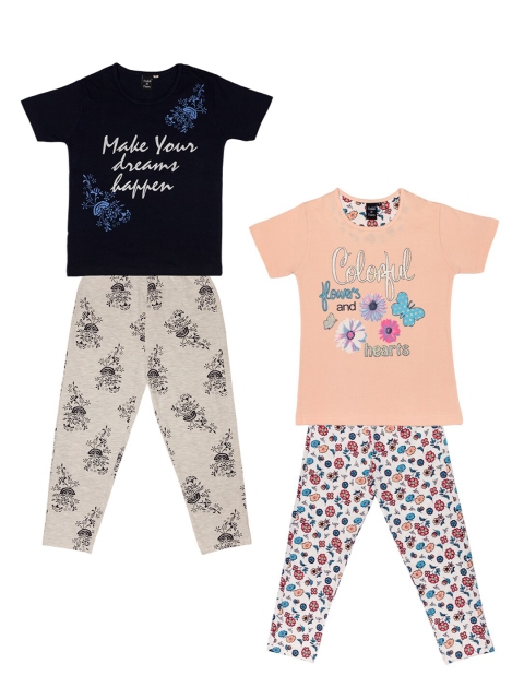Todd N Teen Girls Pack Of 2 Printed Cotton Night Suit, Peach