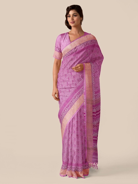 Taneira Pink Ethnic Motifs Printed Pure Linen Saree