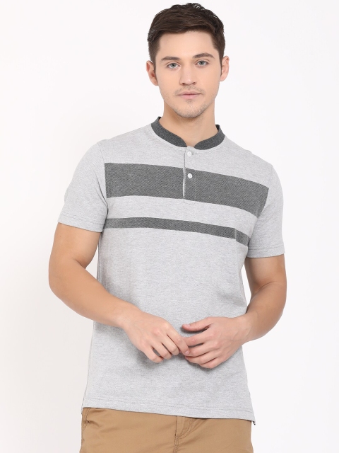 t-base Men Grey Melange Striped Mandarin Collar T-shirt