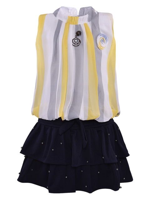 Wish Karo Girls Yellow & Navy Blue Striped Top with Skirt