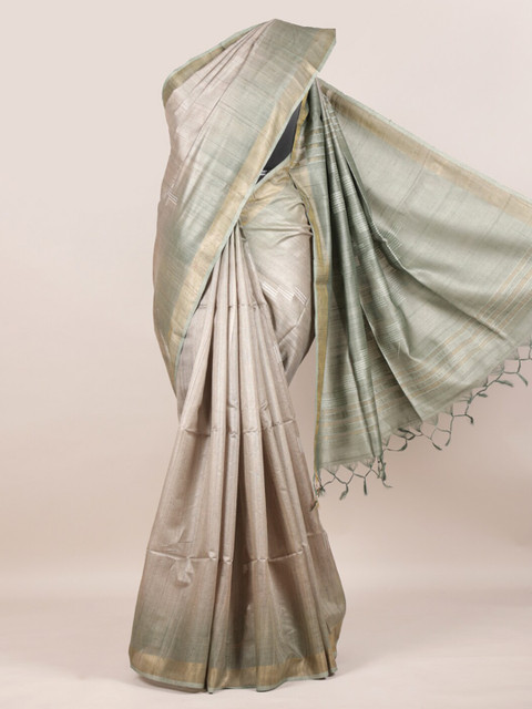 Pothys Grey Striped Embroidered Tussar Pure Silk Saree 
Pothys Grey Striped Embroidered Tussar Pure Silk Saree