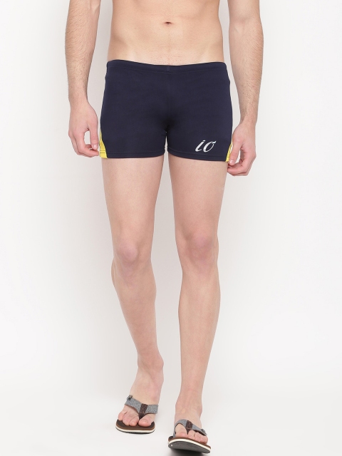 iO Men Navy Blue & Yellow Solid Swim Shorts