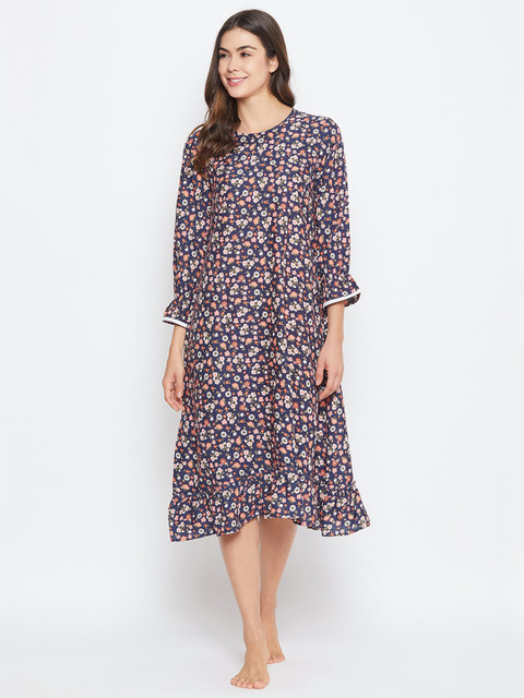 Clovia Navy Blue & Pink Floral Printed Nightdress 
Clovia Navy Blue & Pink Floral Printed Nightdress