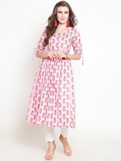 Sera Women Pink Printed Pleated A-Line Pure Cotton Kurta with Trousers