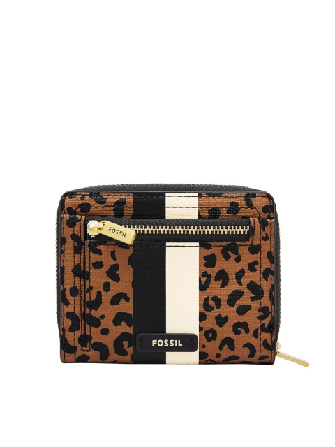 Fossil Women Brown & Black Printed Zip Around Leather Wallet