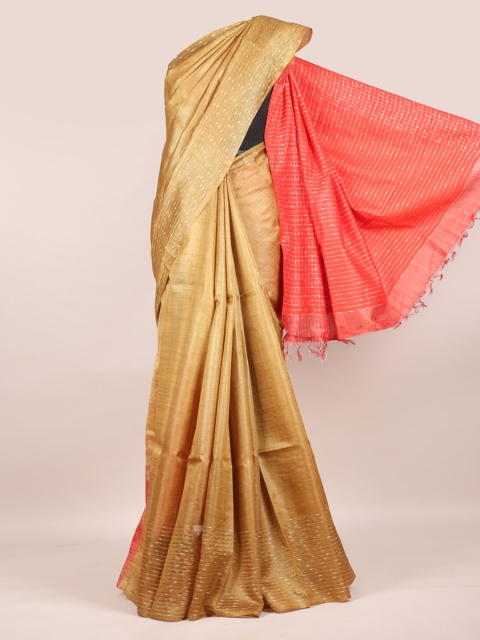 Pothys Beige & Pink Pure Silk Solid Tussar Saree