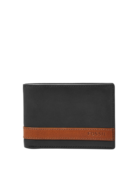 Fossil Men Black & Brown Textured Leather Two Fold Wallet