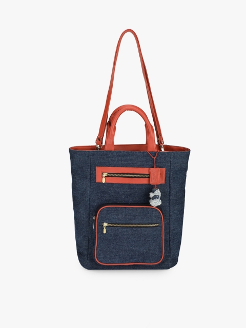Vdesi Navy Blue & Rust Brown Solid Handheld Denim Tote Bag