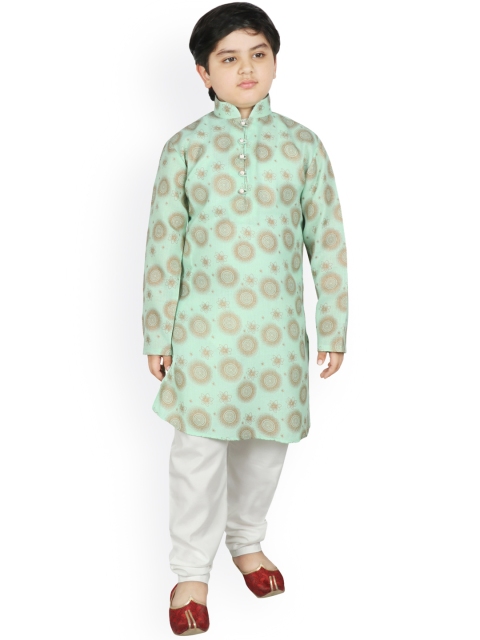 SG YUVRAJ Boys Green & Golden Printed Straight Handloom Kurta with Pyjamas