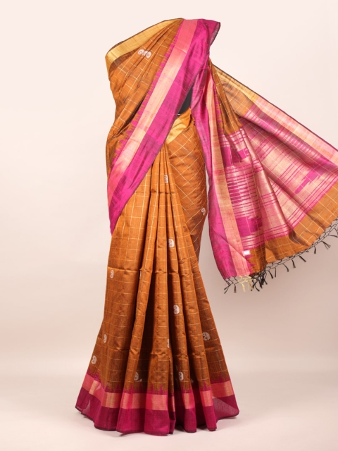 Pothys Tan & Pink Pure Silk Checked Saree