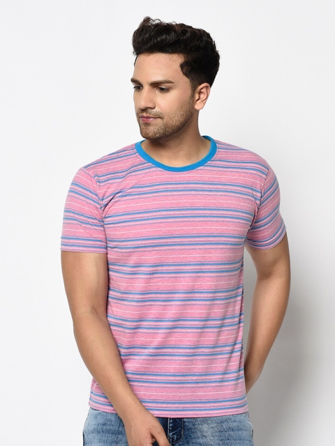 ELEGANCE Men Pink & Blue Pure Cotton Striped Round Neck T-shirt