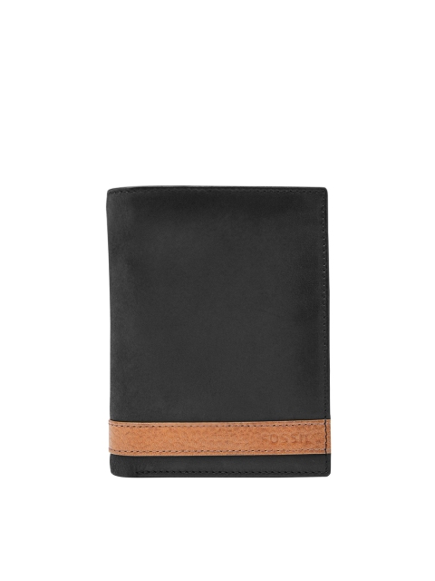 Fossil Men Black & Brown Textured Three Fold Wallet