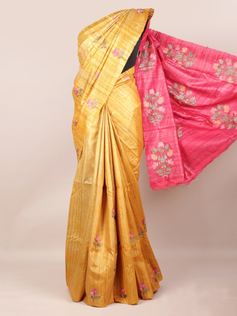 Pothys Mustard Yellow & Pink Pure Silk Printed Saree