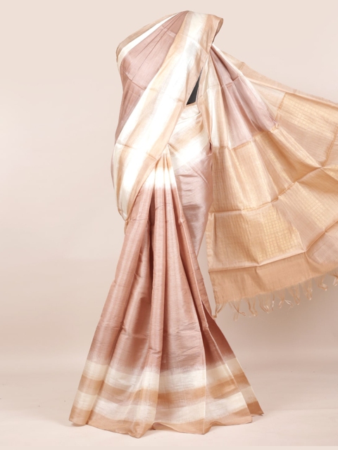 Pothys Tan & White Pure Silk Solid Saree