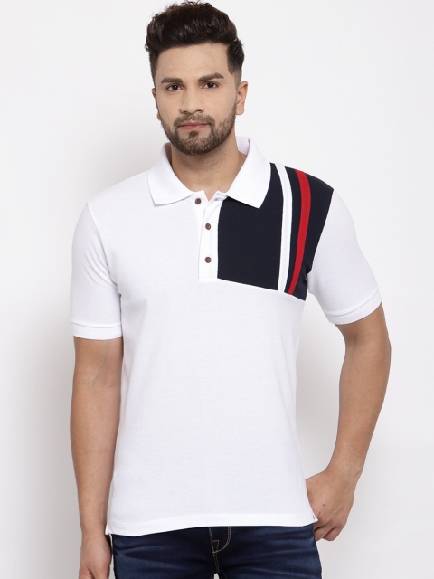 Kalt Men White & Navy Blue Colourblocked Polo Collar T-shirt