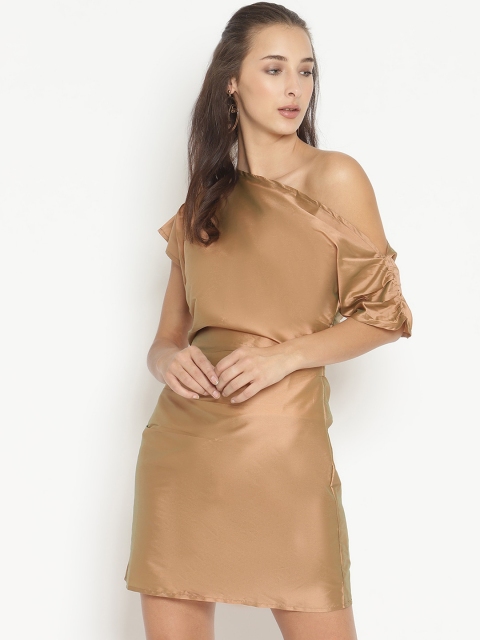 Twenty3 Women Golden One Shoulder Solid A-Line Dress, Gold