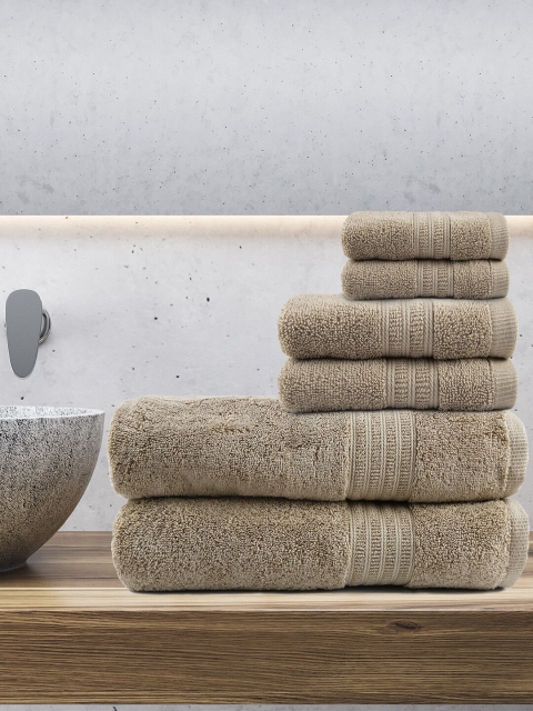Trident Set Of 6 Beige Solid 550 GSM Soft & Plush Pure Cotton Towel Set